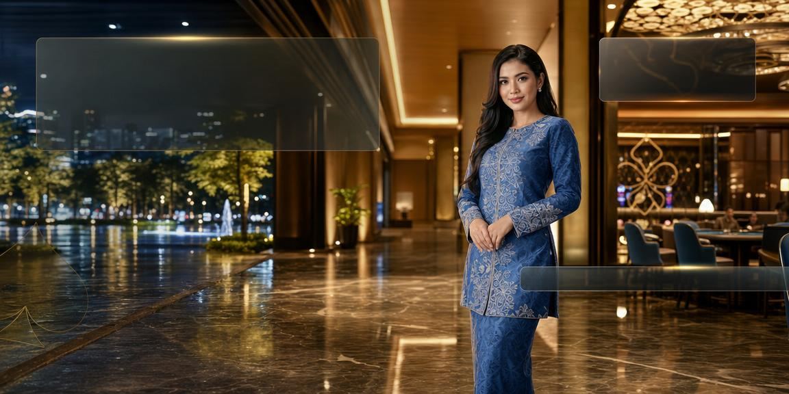 Pemain poker wanita Malaysia memakai baju kurung bermain di meja kasino dalam talian mari888